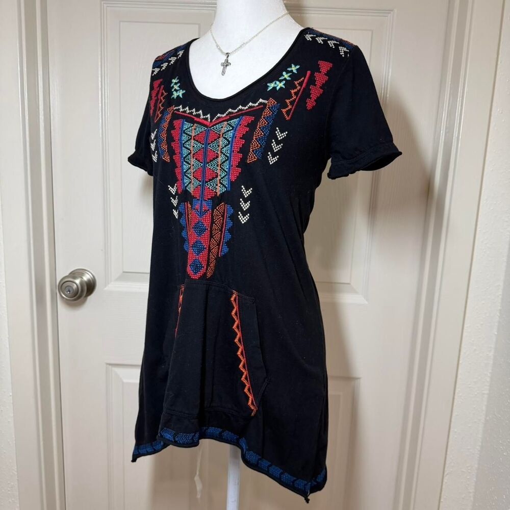Johnny Was Boho Black Baby Doll Style Short Sleeve Dress Tunic Native Tribal